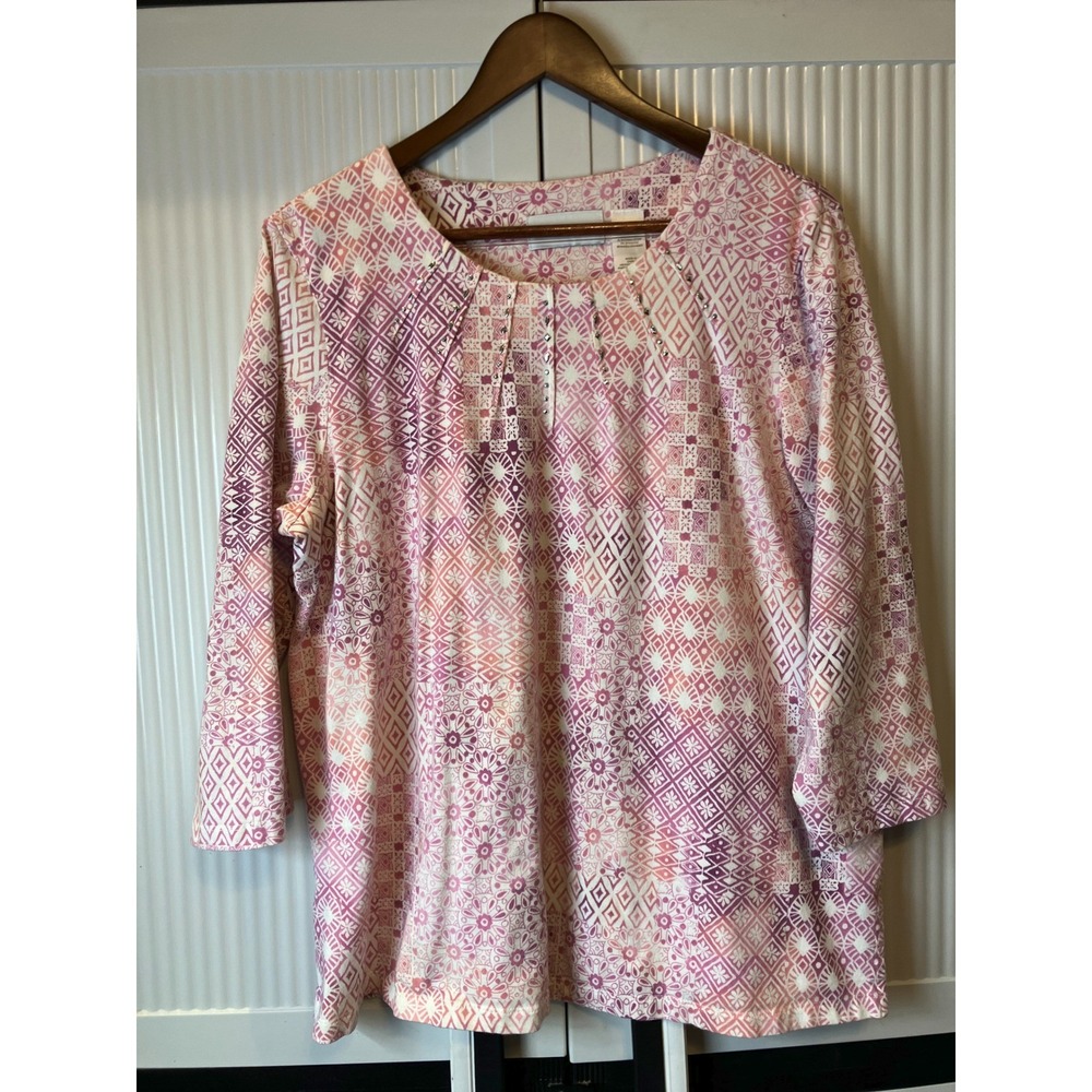 Alfred Dunner Blouse/Top Women's Size L Pink Geometric‎ Print 3/4 Sleeve